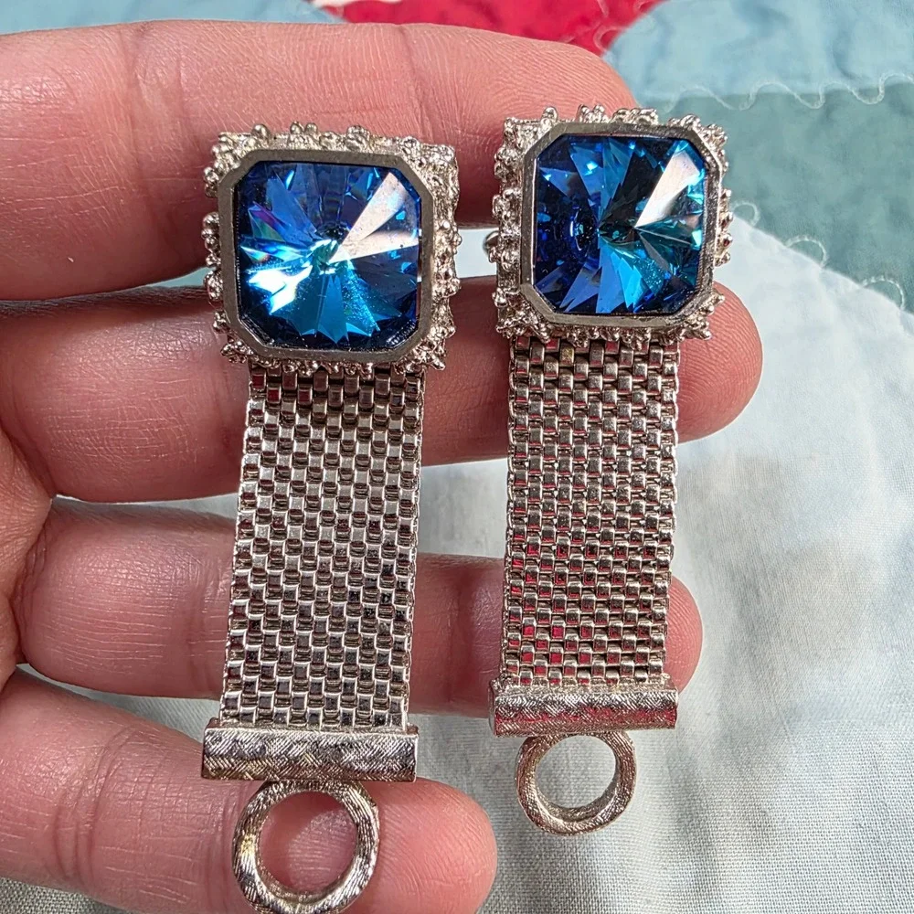 Vintage Mesh Wrap Cufflinks Mens Blue Crystal‎ Silver Tone Square Toggle Back